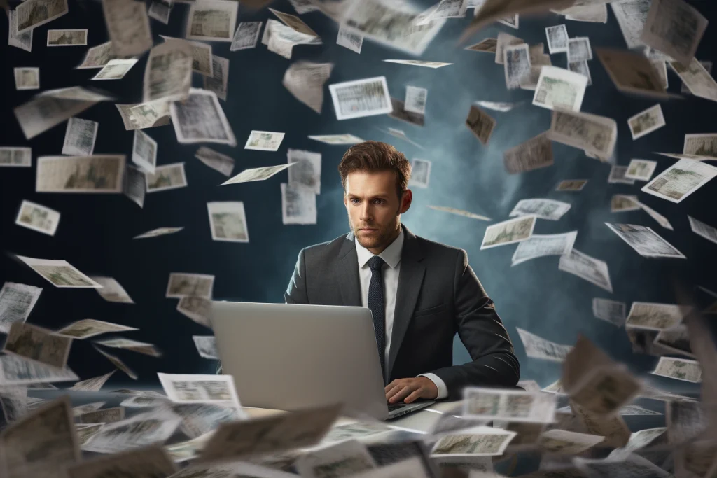 man surrounded by credit reports sitting in his laptop