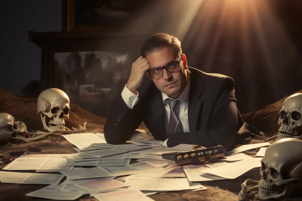 man in his chair sitting surrounded by credit reports and skulls and thinking how to dispute equifax