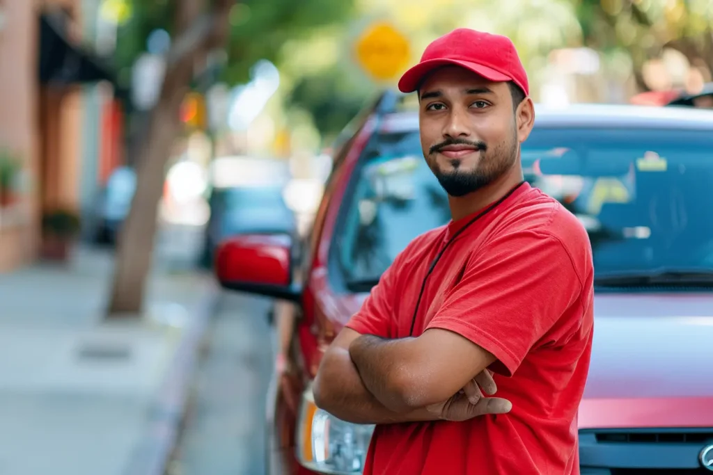 doordash driver in red in front of the car