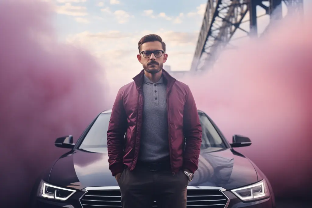 man standing in front of the car, pink background