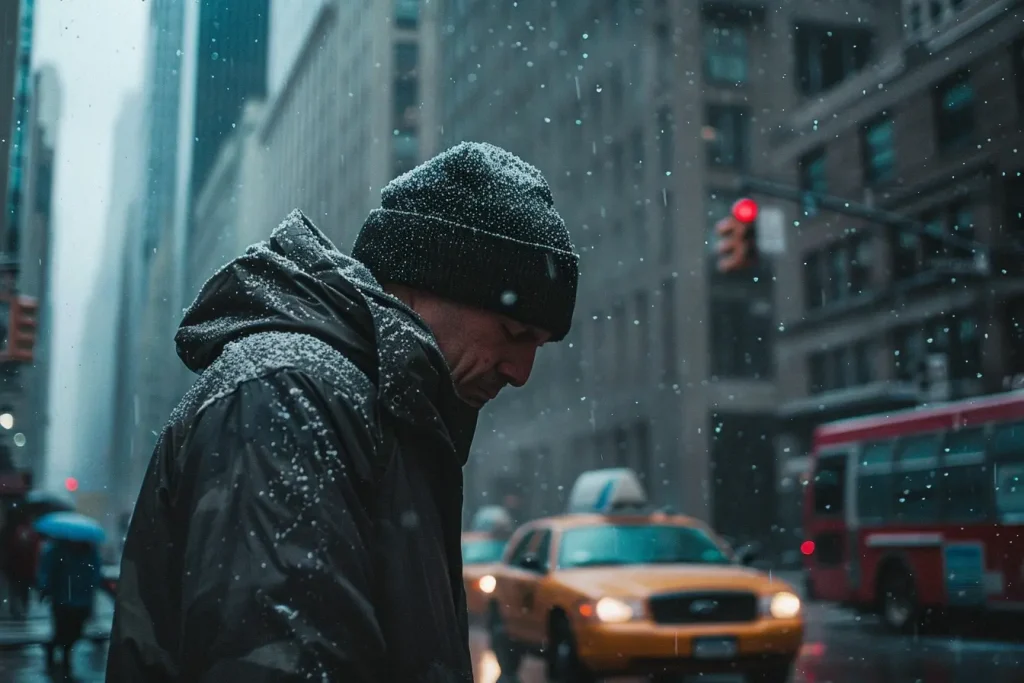 depressed man standing on the streets of NYC after results of sagestream credit report